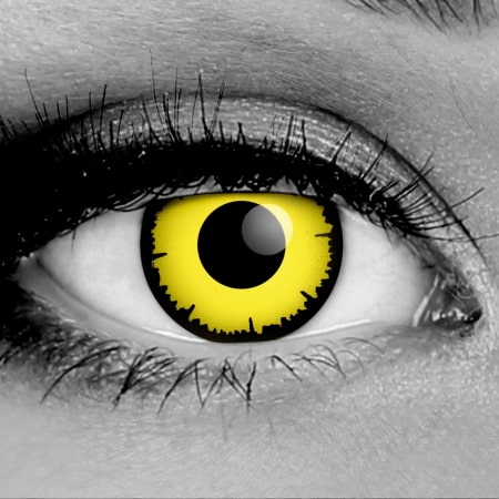 Gothika Angelic Yellow Close up of Gothika Angelic Yellow theatrical contact lens with a jagged black limbal ring, perfect for Sith Lord or werewolf cosplay.