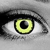 Close-up of Gothika Louis special effect contact lenses, inspired by Louis de Pointe du Lac from Interview with the Vampire. The lens features a vibrant neon yellowish-green iris with a distinctive pixelated black limbal ring, shown on a grayscale eye for high contrast. Perfect for realistic vampire cosplay and movie-quality character recreation.