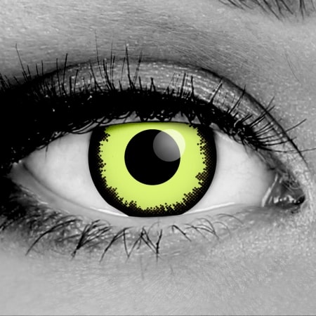 Gothika "Louis" Lenses: The Ultimate Vampire Aesthetic Close-up of Gothika Louis special effect contact lenses, inspired by Louis de Pointe du Lac from Interview with the Vampire. The lens features a vibrant neon yellowish-green iris with a distinctive pixelated black limbal ring, shown on a grayscale eye for high contrast. Perfect for realistic vampire cosplay and movie-quality character recreation.